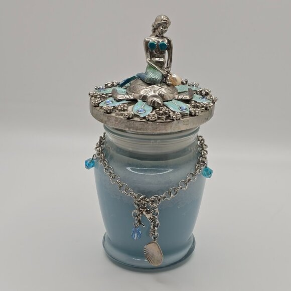 Kirks Folly Scented Candle with Silver Blue Mermaid on Turtle Lid and Bracelet - Picture 1 of 8